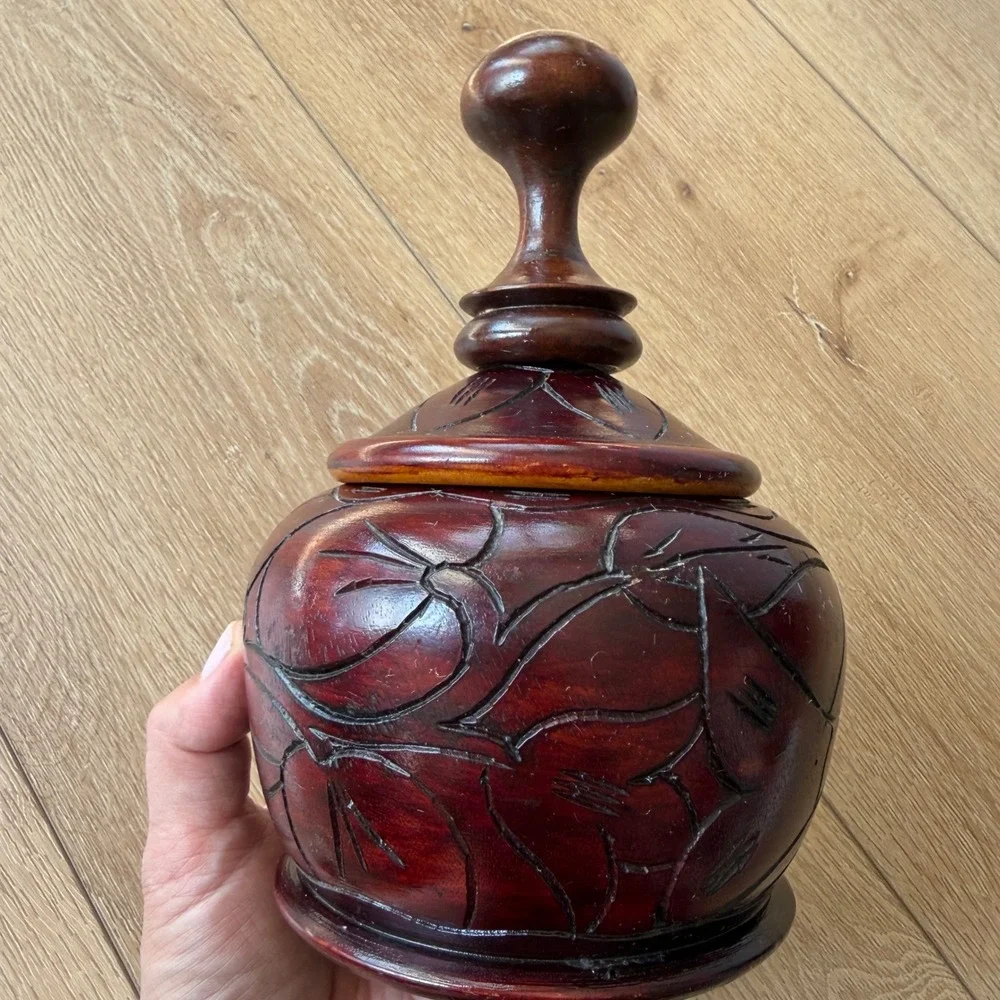 Vintage Hand Carved Wooden Jar with Lid Floral Etched Decorative Vessel Brown